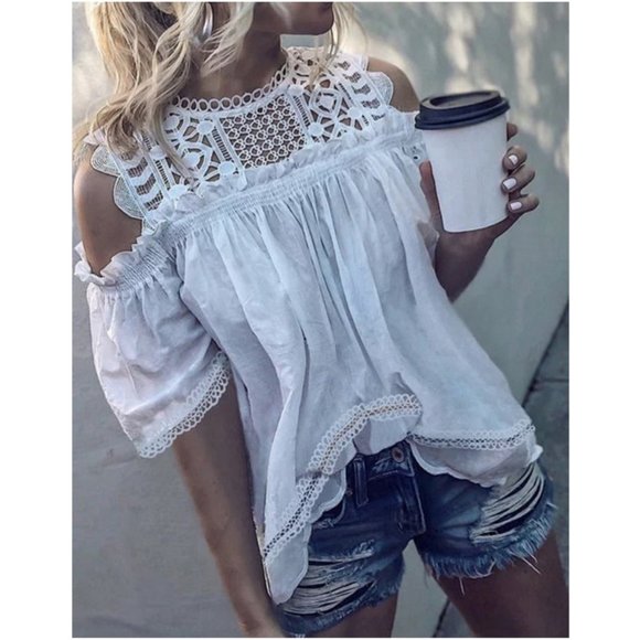 BellanBlue Tops - Boho White Cut out Shoulder lace Embroidered Top